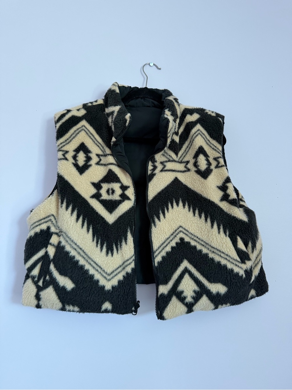 Kids Black & Cream Patterned Sherpa Vest